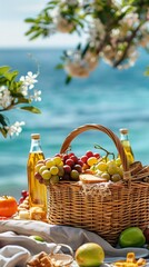 A picnic basket of food and wine on a beach

