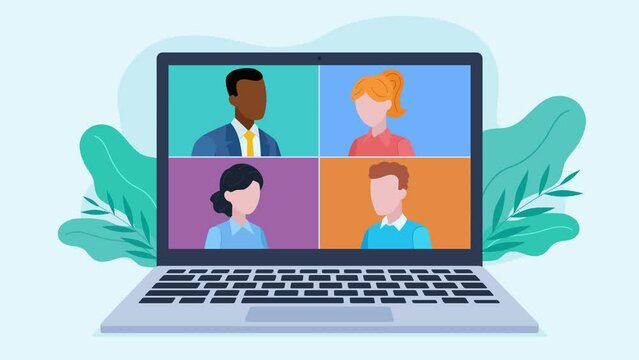 Online meeting of employees. Laptop screen with employee video chat. Team meeting while working remotely. Conversation, exchange of opinions, planning. Animation in flat style. Video clip in 4k.
