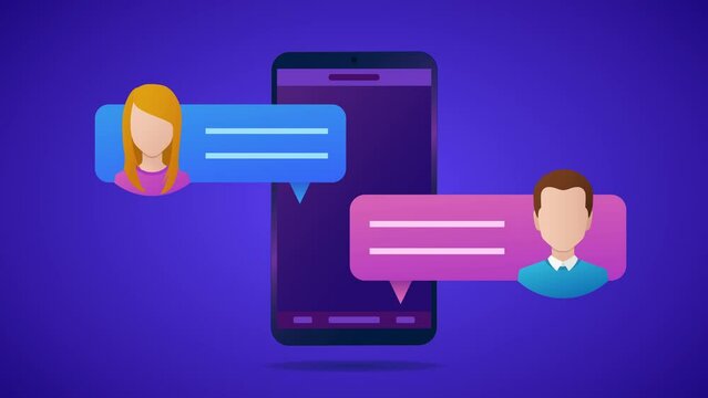 A cell phone with text messages between two people. The messages have avatars of a woman and a man. Flat style animation in resolution up to 4k. Sms, and text messages.