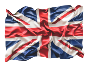 The Union Jack flag waving on a white background, representing the United Kingdom and British heritage.
