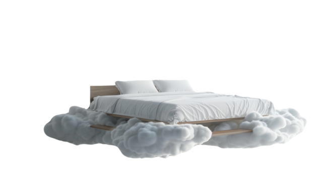 Floating bed on clouds with stairs on transparent background