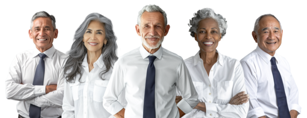 Group of diverse senior individuals in white shirts and ties, smiling confidently, with a professional and friendly demeanor.