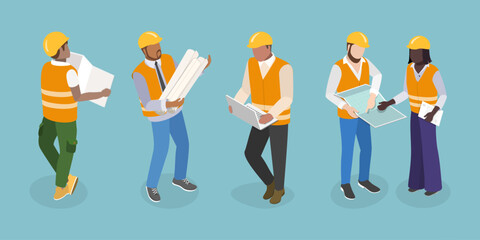 3D Isometric Flat Vector Illustration of Workers Construction Engineers, Construction Architects in Helmets with Tools and Blueprints.