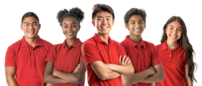 Group of multi ethnic young team work in red polo shirts, smiling confidently with a friendly demeanor, standing together.