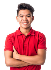 Fototapeta premium Young Asian man in a red polo shirt as job uniform, smiling confidently with arms crossed, standing against a white background.