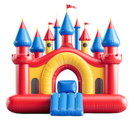 Brightly colored inflatable bounce house shaped like a castle with blue, red, and yellow sections, ideal for children's parties.