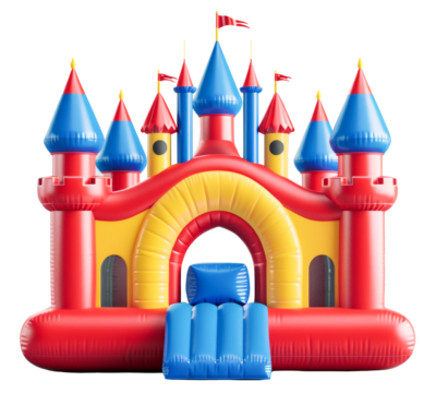 Brightly colored inflatable bounce house shaped like a castle with blue, red, and yellow sections, ideal for children's parties.