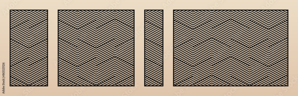 Poster Laser cut panels set. Vector stencil with abstract geometric pattern, diagonal stripes, zigzag lines, chevron. Swatch for laser cutting of wood, metal, plastic, paper. Aspect ratio 1:2, 1:1, 1:4, 3:2