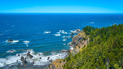 Aerial Flyover of Rugged Oregon Coastline and Lush Forest