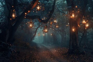 A dark forest path illuminated by lanterns hanging from the trees, creating a mystical and eerie atmosphere perfect for Halloween