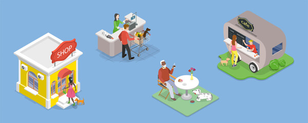 Fototapeta premium 3D Isometric Flat Vector Illustration of Shopping With Dog, Pet Care