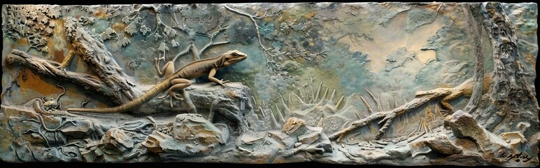 Fototapeta premium Beautiful lizard 3d relief wallpaper. Mural wallpaper. Wall art. AI generated illustration