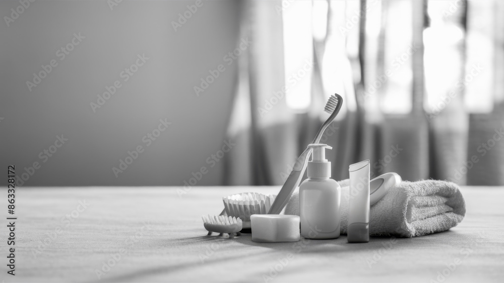 Sticker A black and white photo of a toothbrush, towel, soap dish, AI