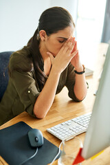 Business woman, stress and computer in office with headache, anxiety or fatigue for project....