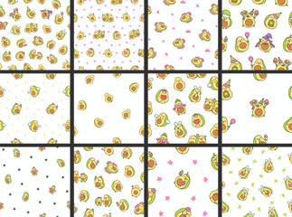 Kawaii cute avocado with funny faces. Seamless pattern. Cartoon happy food characters. Hand drawn style. Vector drawing. Collection of design ornaments.