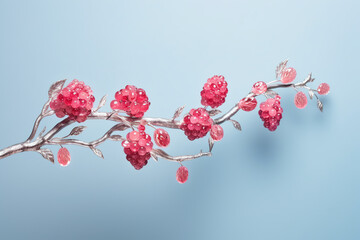 delicate Silver brooch with Ruby beads in the shape of Red Raspberries with white leaves, soft pastel blue, gray background