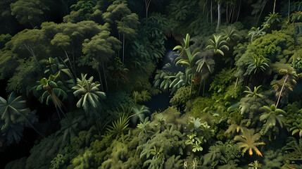Bird's-eye view of a jungle with a network of narrow trails winding through the dense vegetation