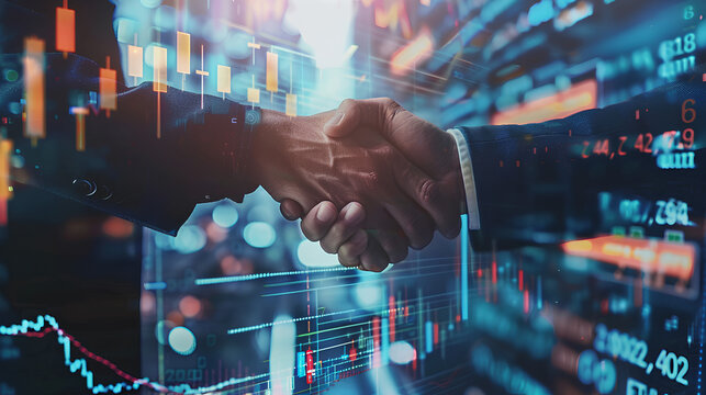 Business handshake overlaid with digital financial charts,