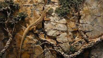 Obraz premium Beautiful lizard 3d relief wallpaper. Mural wallpaper. Wall art. AI generated illustration