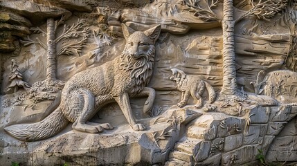 Beautiful fox 3d relief wallpaper. Mural wallpaper. Wall art. AI generated illustration.