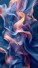 Naklejka premium Flowing abstract waves of blue and orange light with tiny glowing particles create a mesmerizing, ethereal effect