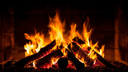 Close-up of fireplace burning at home.