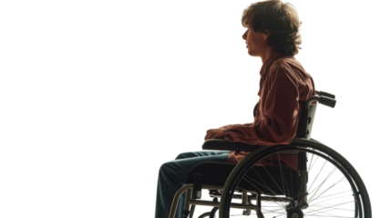 Disable young man in wheelchair back side view on transparent background