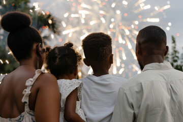 Obraz premium Happy African American family with children looking beautiful colorful holiday fireworks in the evening sky