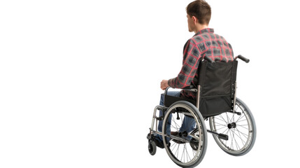 Disable young man in wheelchair back side view on transparent background