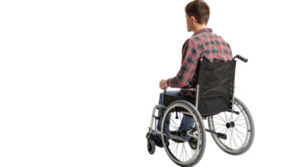 Disable young man in wheelchair back side view on transparent background