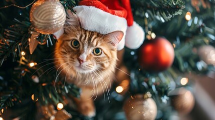 Obraz premium Ginger cat in a Santa hat peeking from a Christmas tree. Concept of festive pet, holiday cheer, Christmas decorations, playful feline