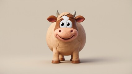 A cartoon cow with horns and a smile on its face, AI