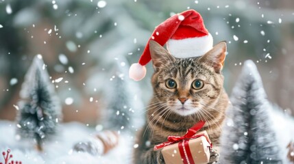 Tabby cat wearing a Santa hat holding a gift in a winter wonderland. Concept of holiday pet, Christmas festive, seasonal joy, cute animal