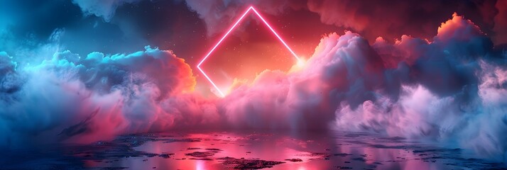 3d rendering, abstract futuristic background with neon geometric shape and stormy cloud on night sky. with copy space