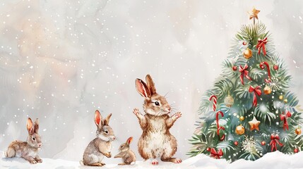Christmas scene with bunnies around a decorated tree. Concept of holiday celebration, winter, cute animals, festive season