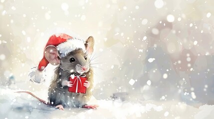 Watercolor painting of a cute mouse wearing a Santa hat and holding a gift box. Concept of Christmas, holiday celebration, festive animal illustration. Copy space