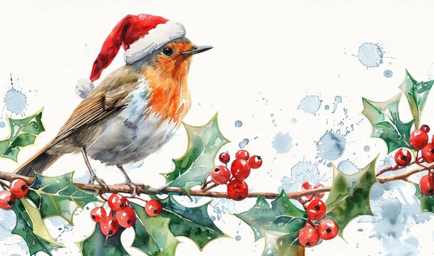 Watercolor robin bird wearing a Santa hat sitting on a holly branch with berries. Concept of Christmas, holiday decoration, festive season, winter nature