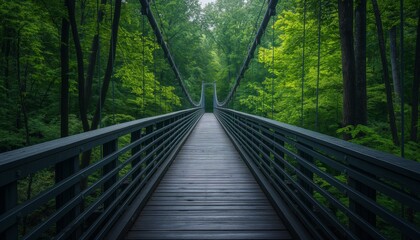 A serene suspension bridge stretches across a vibrant lush forest during summer time, inviting exploration