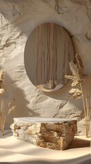 3D stone pedestal premium podium with mirror behind. Sand dunes background. Minimal abstract cosmetic background for product presentation. Blank showcase mockup with empty round stage. 3D rendering