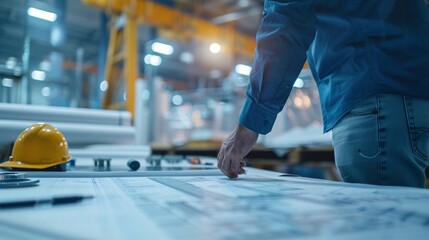 Engineer Working on Industrial Blueprints in a Modern Manufacturing Facility with High-Tech Equipment, Generative AI