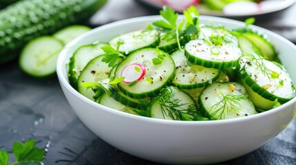 Cucumber salad in a white salad bowl at dinner