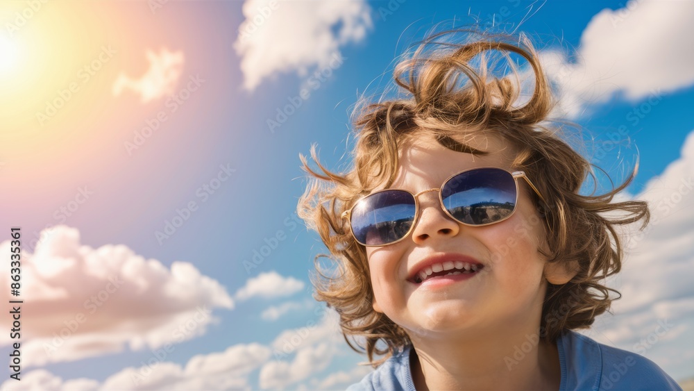 Wall mural A child with sunglasses smiling at the camera while wearing a blue shirt, AI