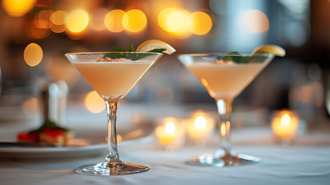 Two martini glasses with lemon slices on the rim, ready to be enjoyed at a classy cocktail party.