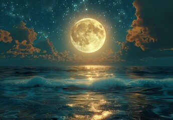Full Moon Over the Ocean at Night