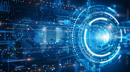 Fototapeta premium Cutting edge personal computer in futuristic environment against a vibrant blue backdrop