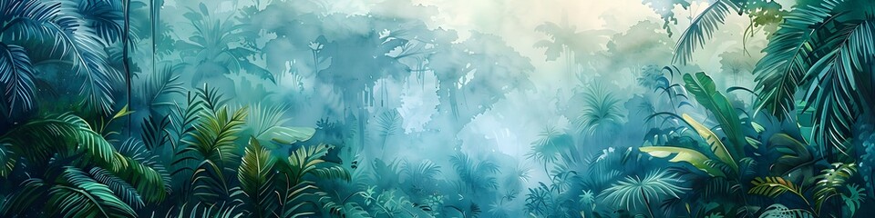 Painting of a jungle landscape. Watercolor pattern wallpaper