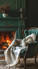 old-fashioned chair by a fireplace, with blanket