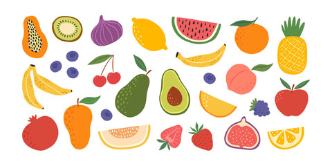 Set hand drawn colorful fruits and berries. Modern abstract minimal style. Natural tropical fruits. Cherry, apple, peach, lemon, banana, pomegranate, pineapple, fig, melon. Vector illustration.