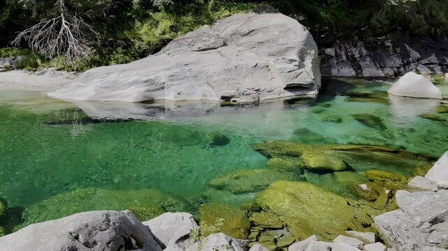 crystal clear emerald green water of alpine river with granite rockformation and forest, Verzasca river, Lavertezzo, Switzerland