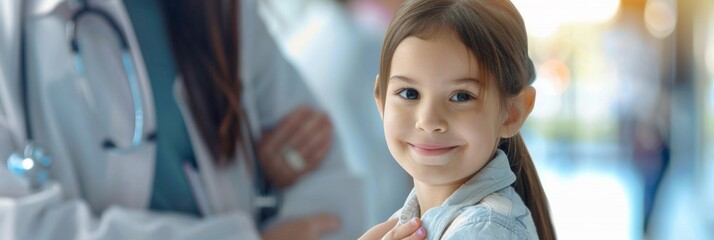 National Immunization Awareness Month. Immunization and vaccination for polio, flu shot, influenza or HPV prevention. girl receiving vaccination in doctor's office. International HPV awareness day